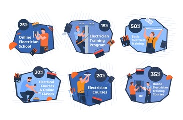 Electrician courses training promo badge sale discount set vector flat illustration