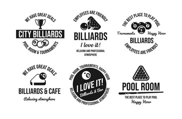 Pool room city billiards monochrome black circle badge advertising set vector illustration