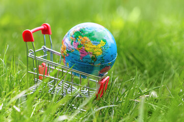 Small Globe in supermarket shopping cart depicting China, India, Taiwan, Kazakhstan, Iran, Turkey and others on green grass in summer. World sale and Internet sales concept. World hunger