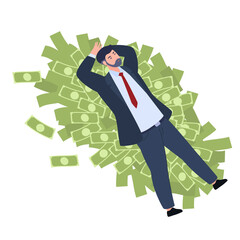 Rich business man lying on cash money dollar currency stack top view vector flat illustration