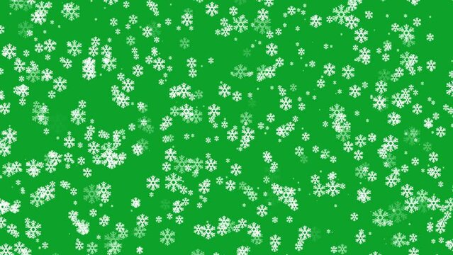 Snow falling down slowly 4K animation on Green screen. Christmas falling snow. Snowfall in holidays on chroma key background.