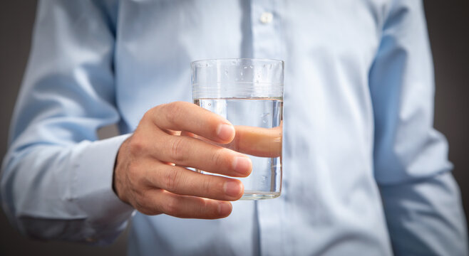 Caucasian businessman holding glass of water.