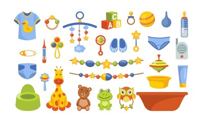 Baby care tools. Toy supplies. Child gear accessories. Kid stroller. Newborn nanny or babysitter. Toddlers breast pump. Rattle and bottle. Bath and ball. Vector infants clothes set