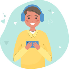 Mobile education. Little boy learning online using cell phone. Kid holding phone and watching video. Modern communication technology flat vector illustration