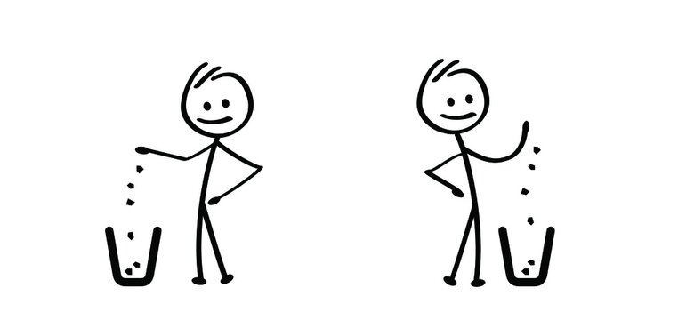 Cartoon drawing stickman, stick figures man with litter basket or litterbin. Clean up and trashcan. Cleaning tools. Vector container logo or pictogram. 