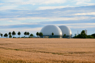 Biogas plant with filled storage tank