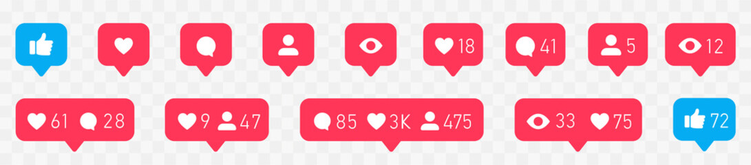 Like social network icons. Like, thumb up and heart collection. Buton for social media. Follower notification symbol.