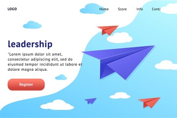 Leadership airplane landing page. Website interface template. Paper origami email message flight. People success. Innovation vision way. Flying plane in sky. Vector illustration layout