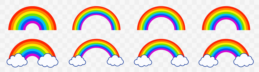Colorful rainbows icons set. Collection classic rainbow. Red, orange, yellow, green, blue and purple colour. Rainbow with white cloud. - obrazy, fototapety, plakaty