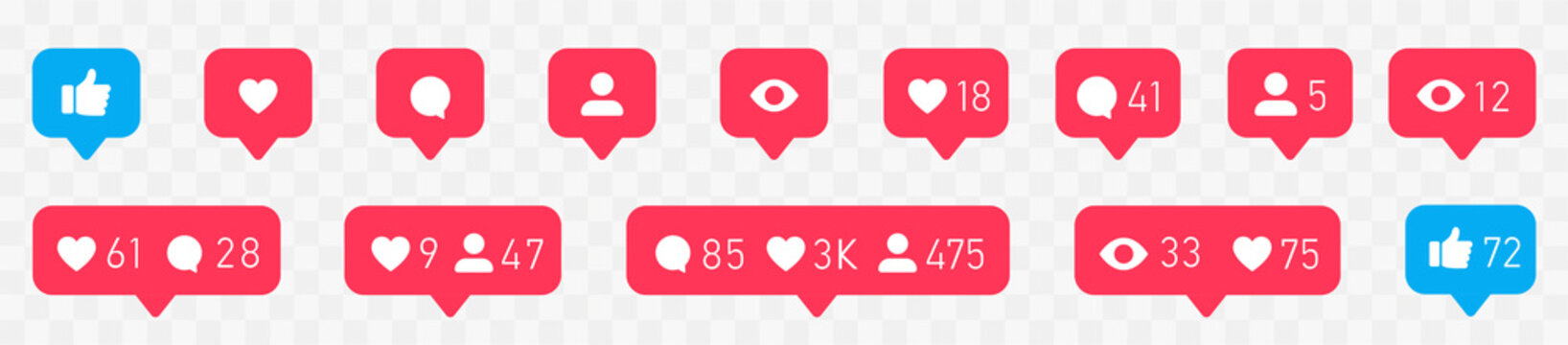 Like social network icons. Like, thumb up and heart collection. Buton for social media. Follower notification symbol.