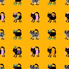 Halloween black cats seamless pattern for clothes print and wrapping and accessories and fabrics and kids and festive