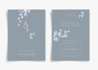 Blue wedding card or invitation card with pink flower and leaf theme front side and back side. Nature wedding card. Nature cover. Wedding card template.