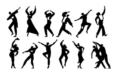 People dance silhouettes. Party person shadows. Disco crowd dancers. Happy man and woman black figures. Music concert. Choreography positions. Body motions set. Vector performers actions