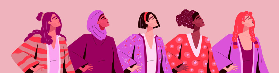 Women power International Day. Strong girl holiday. Lady with hair and national clothes. Equal rights protest. Support community. Female poses. Sisterhood and feminism. Vector illustration