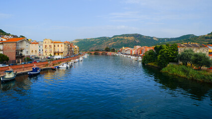 view of the old town in the city of Bosa, Oristano, Sardinia. city on the river with boats and colorful houses