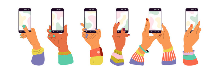 Hand with phone. Mobile app mockup. Smartphone screen. Arms holding telephones. Send message. Photo and pay application. Online network. Vector illustration set of devices in fingers