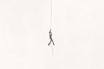 Illustration of minimal black and white man climbing a rope, abstract surreal concept - 517365864