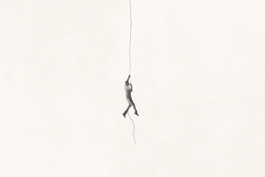 Illustration of minimal black and white man climbing a rope, abstract surreal concept