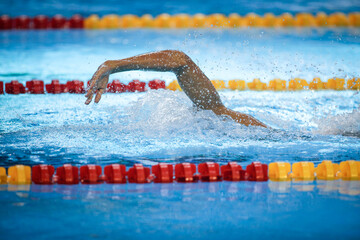 Details with a professional male athlete swimming in an olympic swimming pool freestyle.