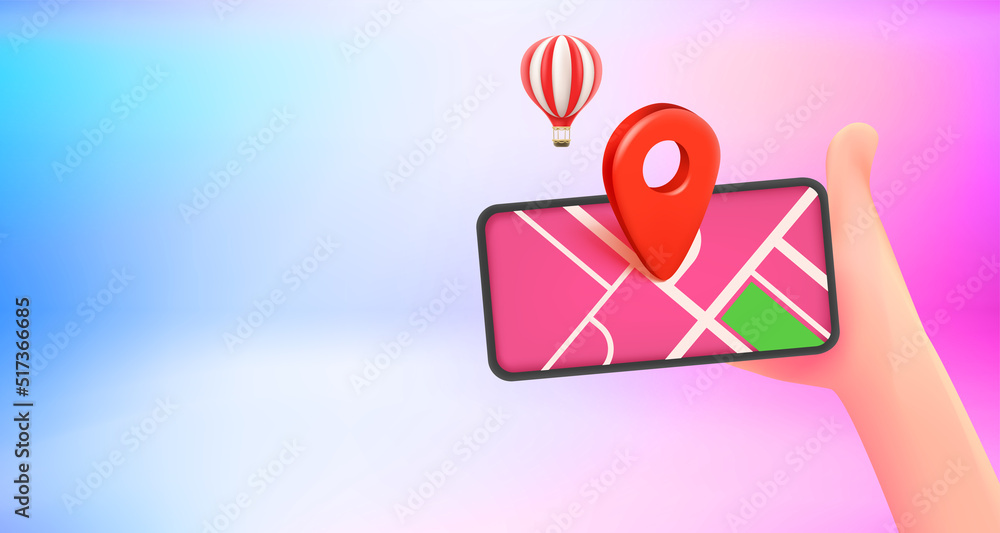 Leinwandbilder hand with smartphone and navigation app. 3d vector banner with copy space