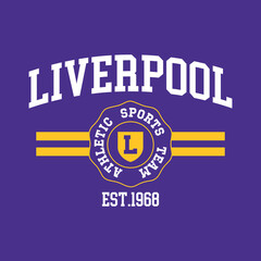 Athletic team state of Liverpool, Great Britain. Typography graphics for sportswear and apparel. Vector print design.