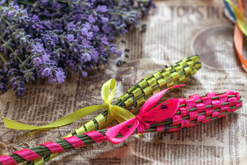 Lavender wads made from fresh organic lavender closeup, on craft paper. Beautiful handmade craft,...