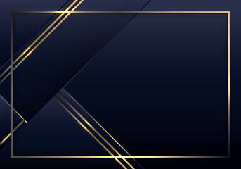 Abstract 3D blue and golden stripes triangles shapes with shiny gold frame lines lighting effect