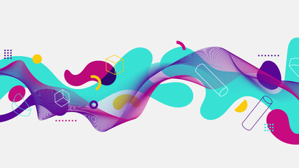 Abstract fluid shapes with wave lines and geometric elements on white background