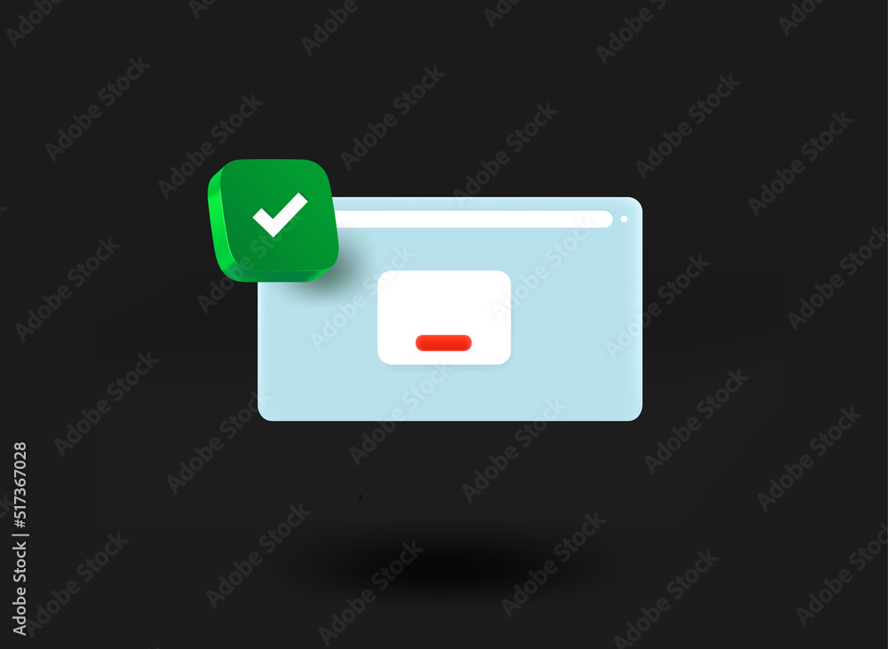 Poster website window with checkmark icon. 3d vector illustration