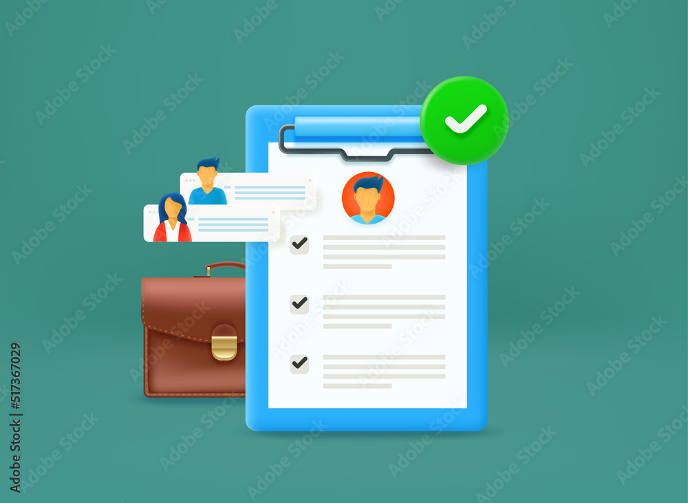 Poster Business interview concept with suitcase and list of specification. 3d vector icon