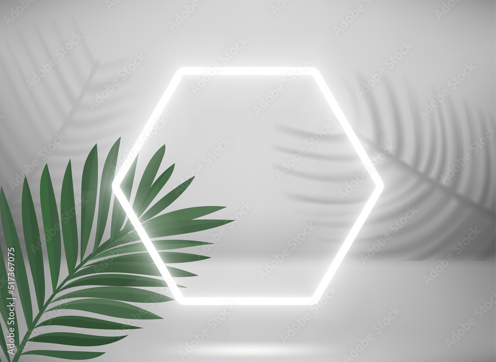 Aufkleber bright stage with neon frame and palm leaves. 3d vector illustration