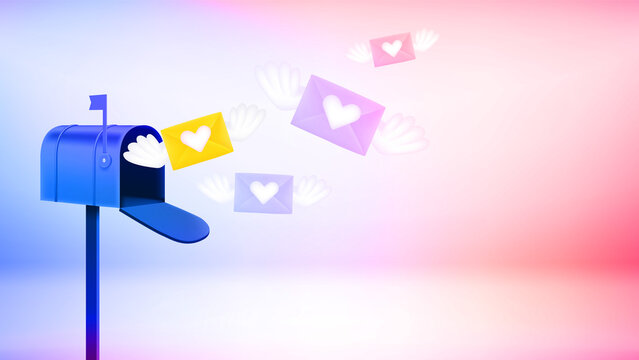 Love mails flying to the mail box. 3d vector banner with copy space
