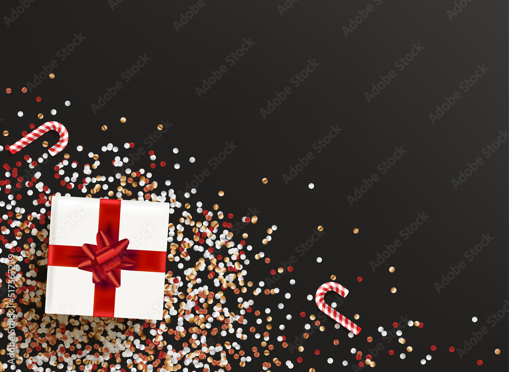 Poster white gift box on a black table with confetti. 3d vector flat lay banner