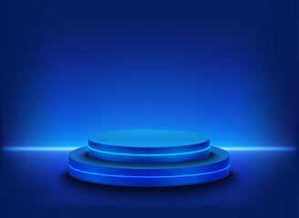 illuminated studio with neon light and podium. 3d vector illustration