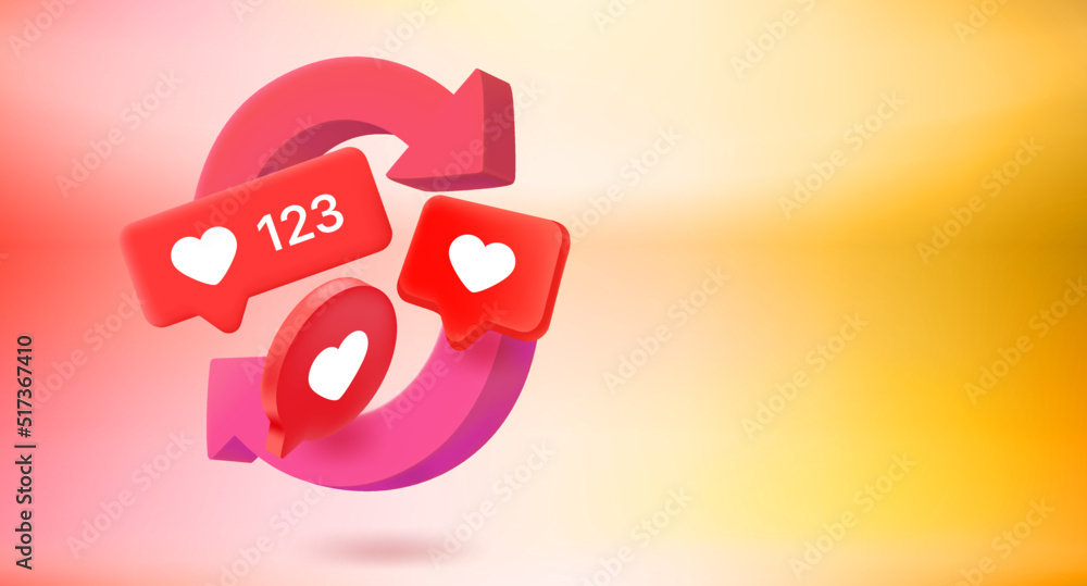 Poster refreshing social media concept with chat balloons with hearts. 3d vector banner with copy space
