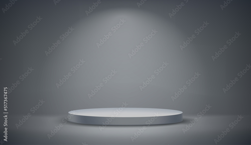 Poster dark grey illuminated studio with round pedestal. realistic vector showcase