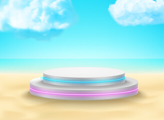Landscape with neon stage on a sand. 3d vector mockup with shadow overlay effect