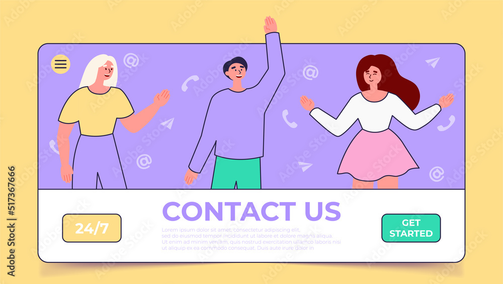 Poster Contact us landing page. Happy business team on purple background. Customer service concept illustrations. Live support center. Support center concept. Line art flat vector illustration