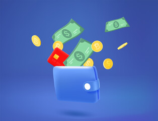Currency flying out the wallet. Vector 3d illustration