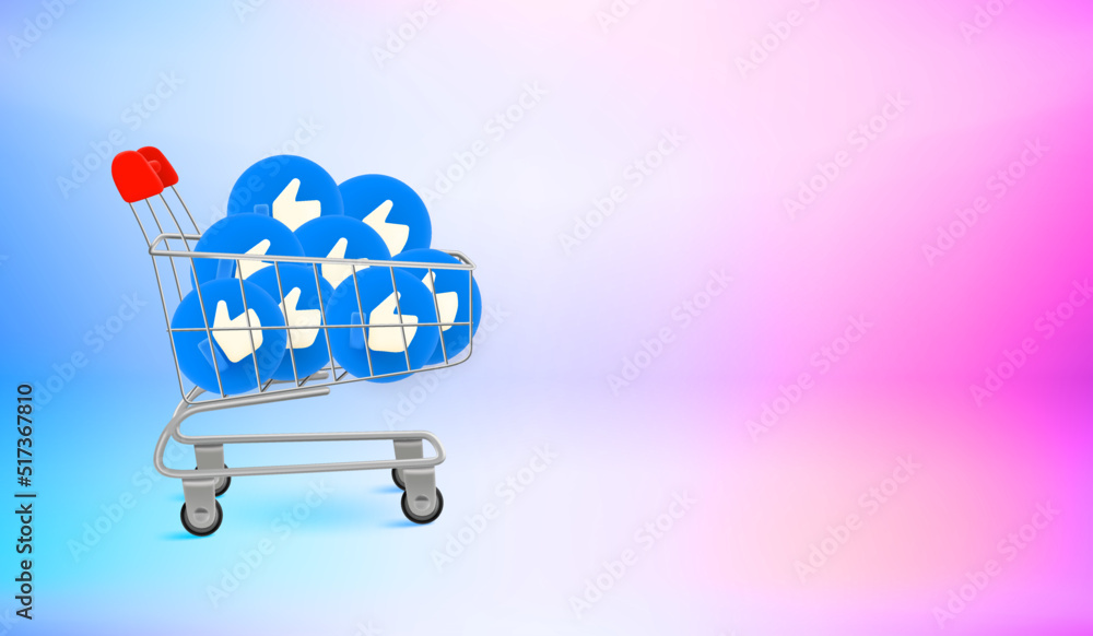 Poster full trolley of thumbs up symbols. 3d vector banner with copy space
