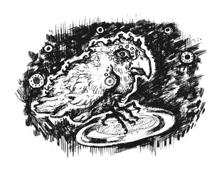 Vector drawing with crazy bird. Ink sketch.