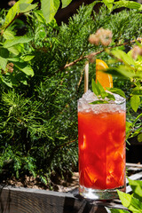 A cocktail with ice, orange, and a straw