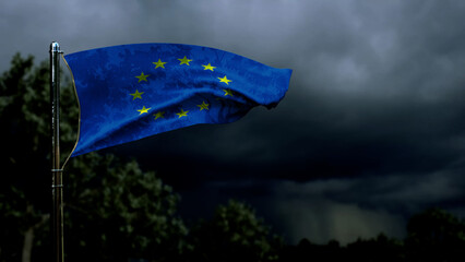 European Union flag for national holiday on dark storm cumulus clouds - abstract 3D illustration