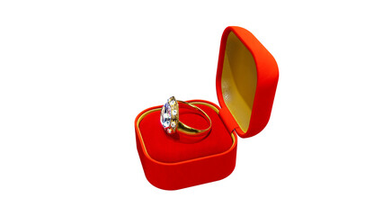 Red - goldish opened bijouterie gift with diamond wedding ring on white, isolated, fictional design - object 3D rendering