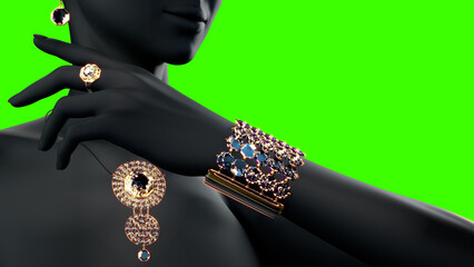 jewelry set - gold collar ring wristband and shackle with diamond gem stones, isolated, not real design - object 3D rendering