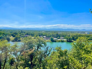 View of the Rhine, the plain of Alsace and the Vosges mountains from the ruins of Limburg castle