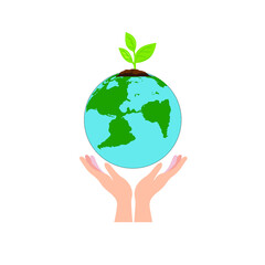 Hand holding green earth icon isolated on white background. Vector illustration.