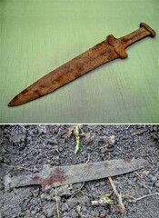 Scythian sword, Scythian dagger of the early Iron Age 3-5 centuries BC on a green cloth,  ancient Scythian dagger
