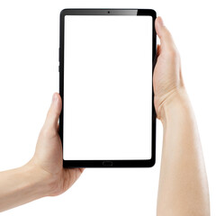 Hands with black tablet computer, isolated on white background