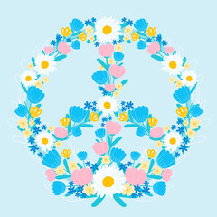 Hippie peace symbol made of spring flowers, pacific sign, retro object of love, flourish arrangement template design